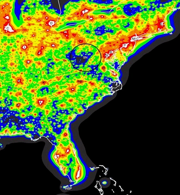 Light Pollution Map of the eastern US